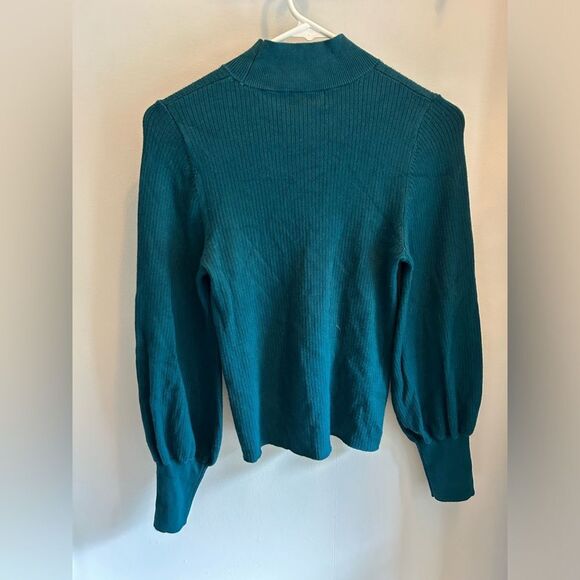 Anthropologie NWOT Mock Neck Bell Sleeve Teal Ribbed Knit Sweater - Picture 5 of 5